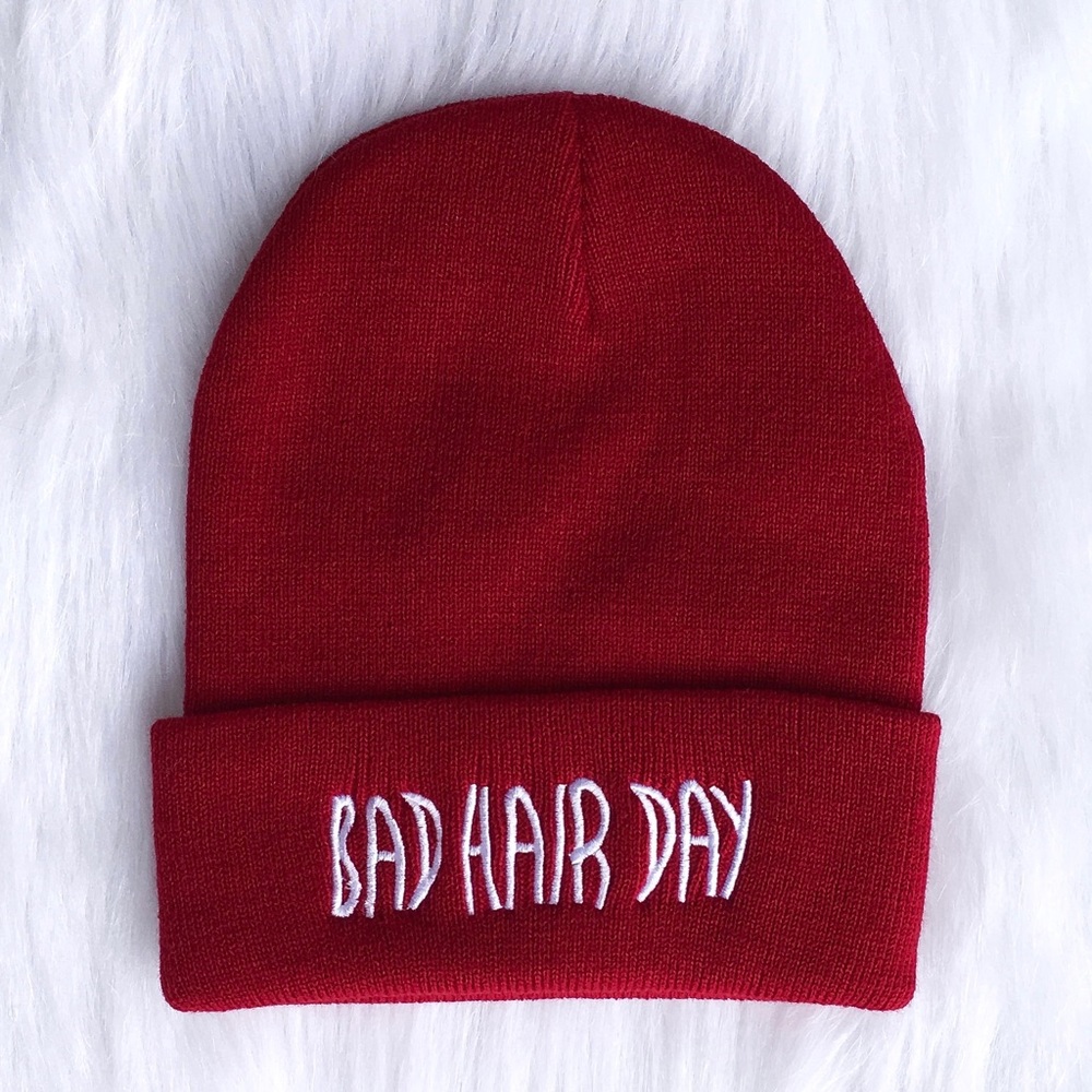 Bad hair day embroidered red knit beanie